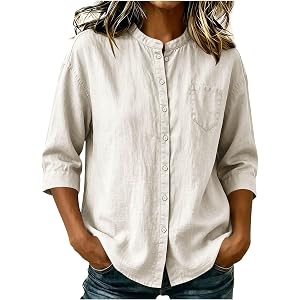 QUNPIU Women's Mandarin Collar Button-Down Shirts Casual Loose Fit Blouses 3/4 Sleeve Pocket T-Shirt Ladies Tunic Tops