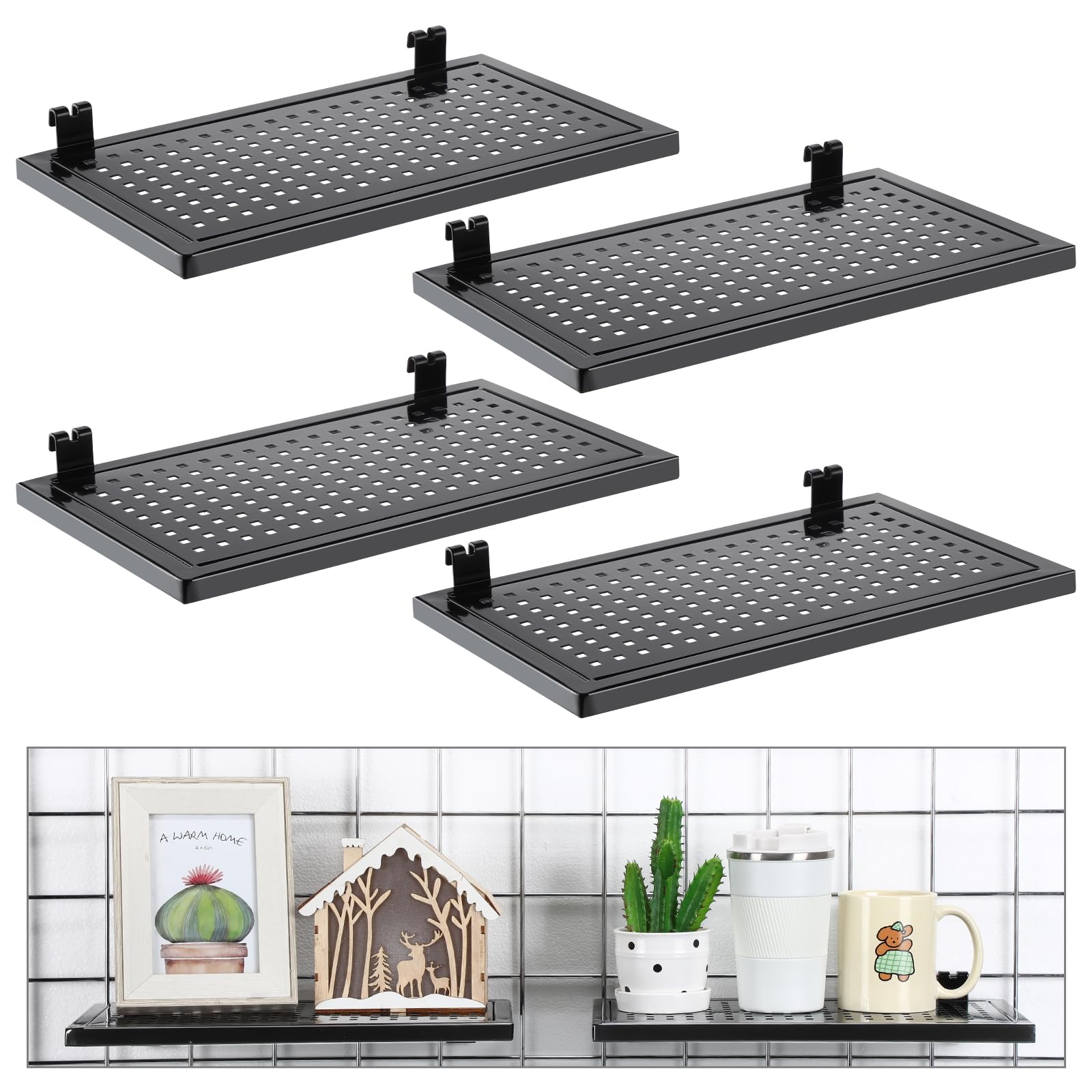 Photo 1 of Coume 4 Pack Gridwall Perforated Shelf, 13.8'' x 7.9'' Black Metal Display Rack Heavy Duty Hanging Gridwall Straight Shelf Grid Wall Accessories for Craft Show Fair Garage Home Retail Display Storage
