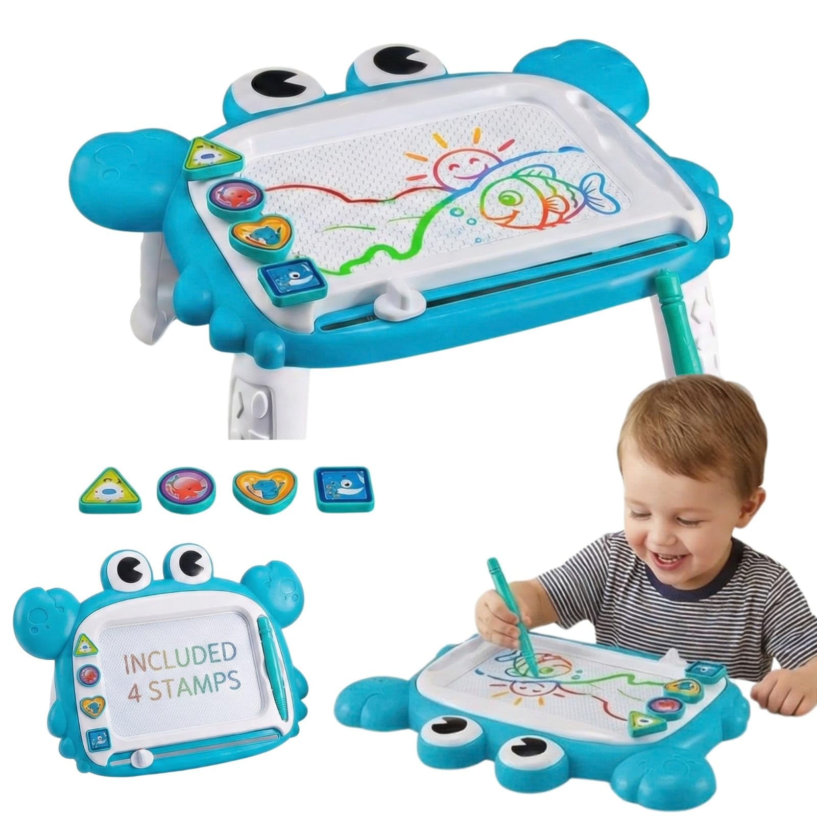 AB LUXE Magnetic Drawing Board, Crab Design with Shape Stamps and Pen, Colorful Educational Toy for Kids, 13 x 10 Inches