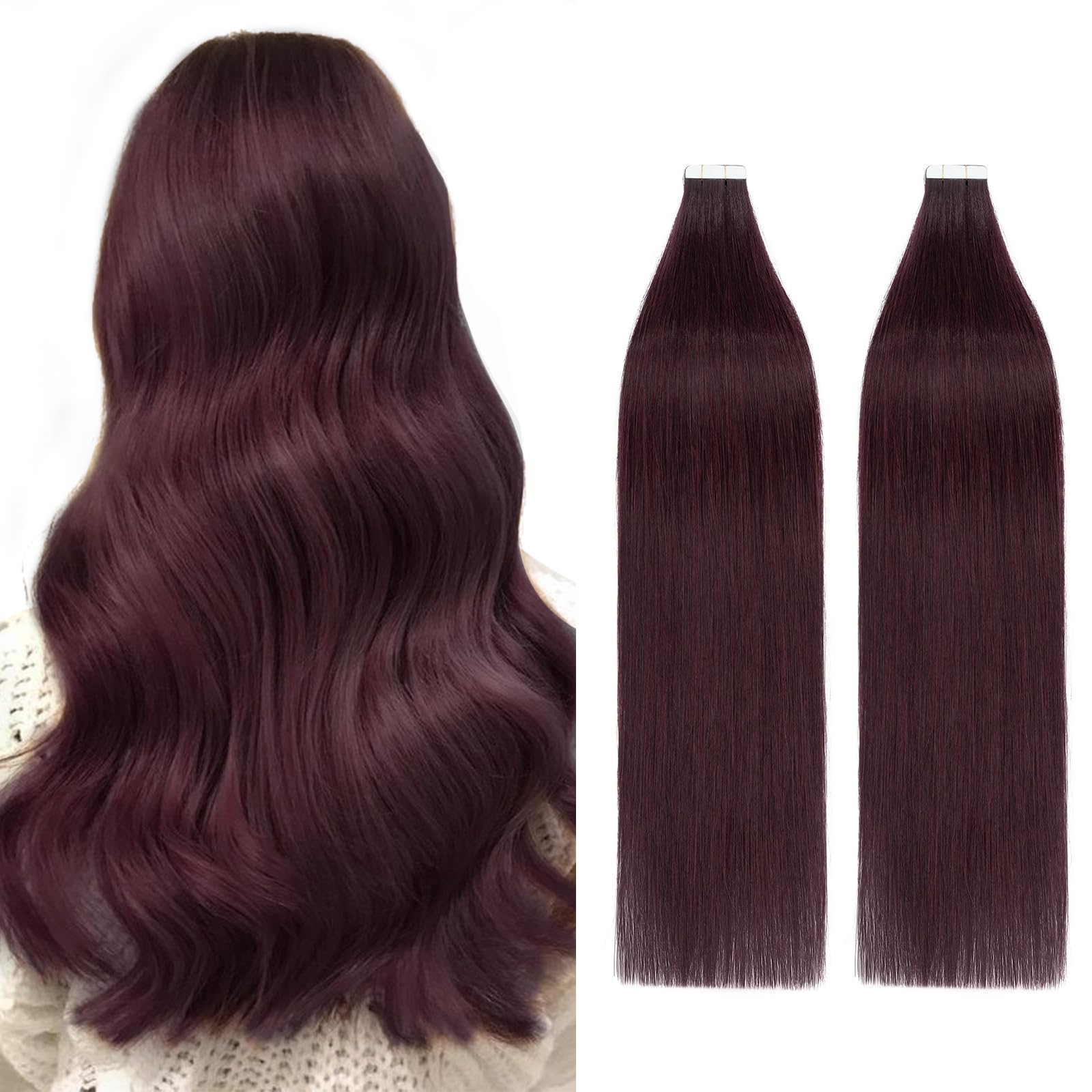 18inch Tape in Hair Extension 40pc Real Remy Human Hair Extensions 100g #99J Wine Red Skin Weft Seamless Straight