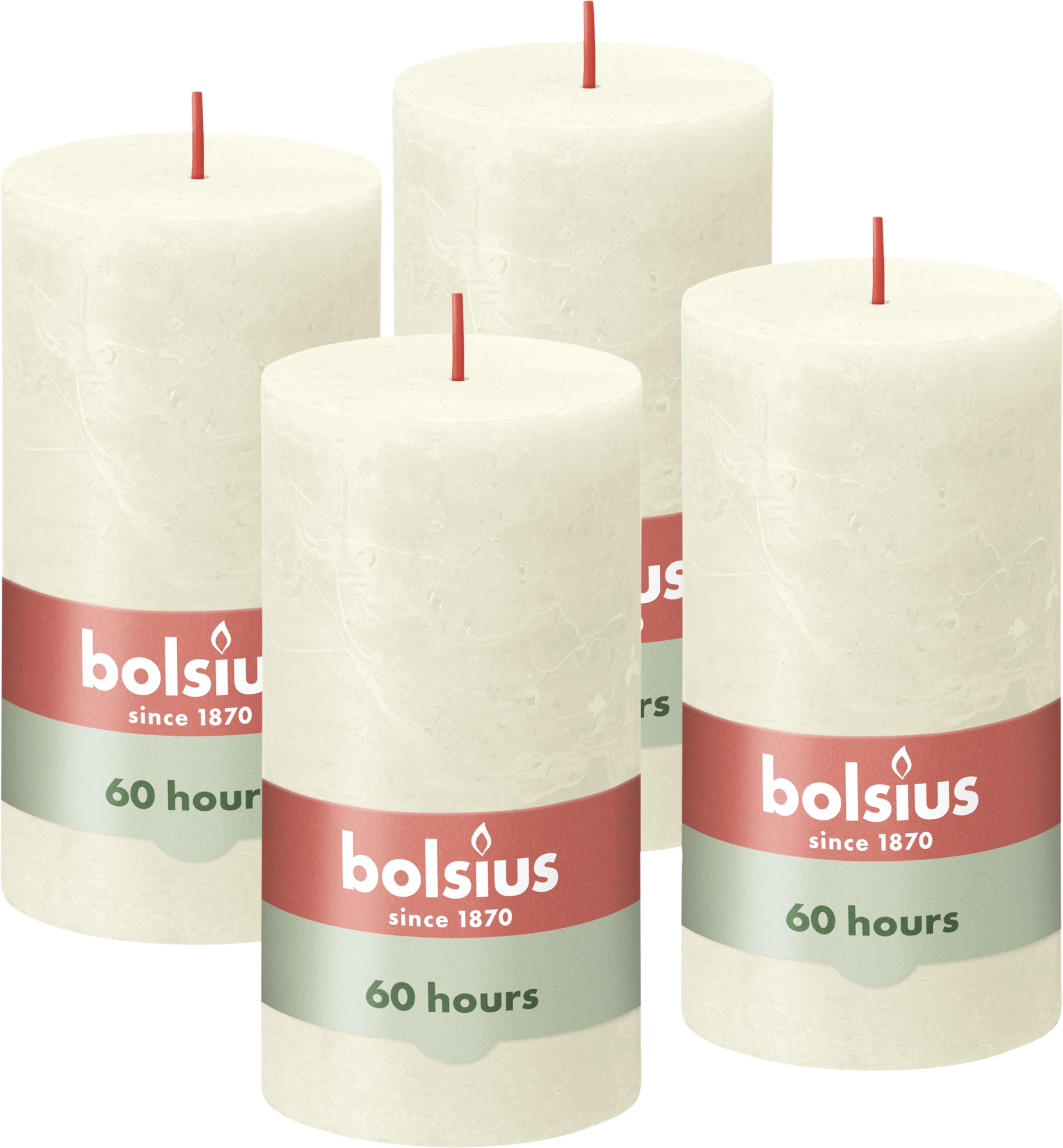 Bolsius Rustic Pillar Candle - Ivory- Pack of 4 - Long Burning Time of 60 Hours - Household Candle - Interior Decoration - Unscented - Natural Vegan Wax - No Palm Oil - 130 x 70 mm