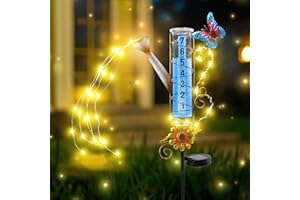 WONDER GARDEN Solar Rain Gauge Outdoor, Kettle Decorative Rain Gauges Outdoors Best Rated with Stream-Like LED Lights, Freeze Proof Water Rain Measure Gauge for Yard Patio Lawn Decor