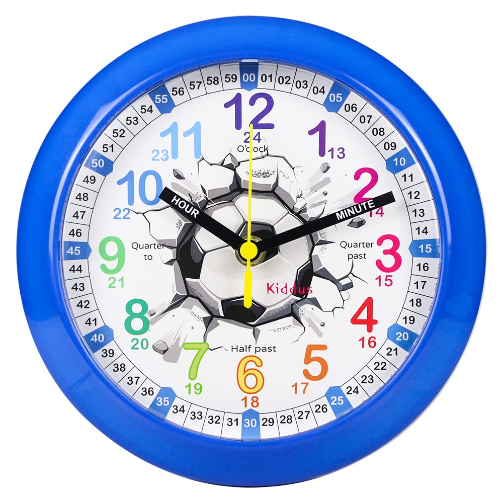 Kiddus Wall Clock for Boys and Girls. Silent Analogue Time Teacher with Exercises. Easy to Read and Learn the Time. Football
