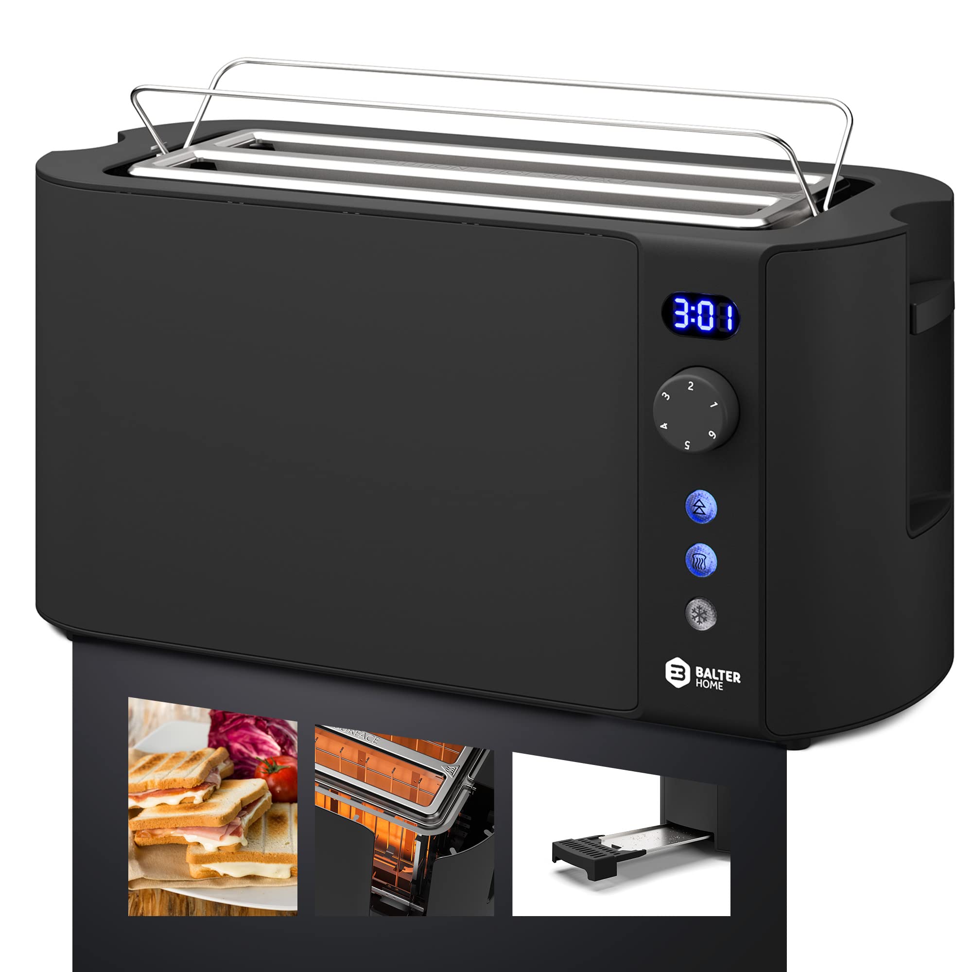 Balter Toaster 4 Scheiben, Langschlitz, Edelstahl, Brötchenaufsatz, LCD Display mit Restzeitanzeige, Auftaufunktion, Brotzentrierung, Krümelschublade, TS-04-LCD, Farbe: Schwarz 7