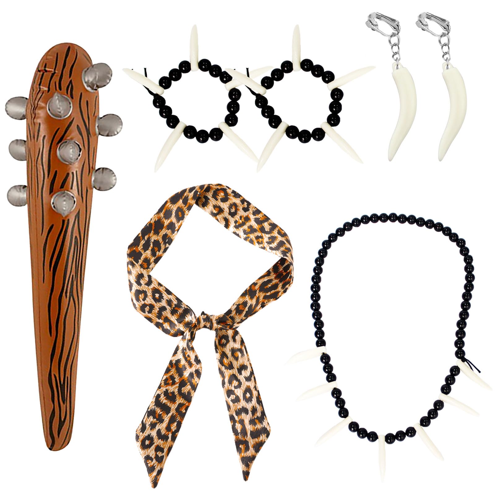 EUPSIIU 6 Pieces Wild Caveman Costumes Inflatable Mace Leopard Headband Ivory Bracelet necklace Earrings Prop Caveman Stick for Stone age Halloween Costumes Cave Costume accessories (6 pcs)