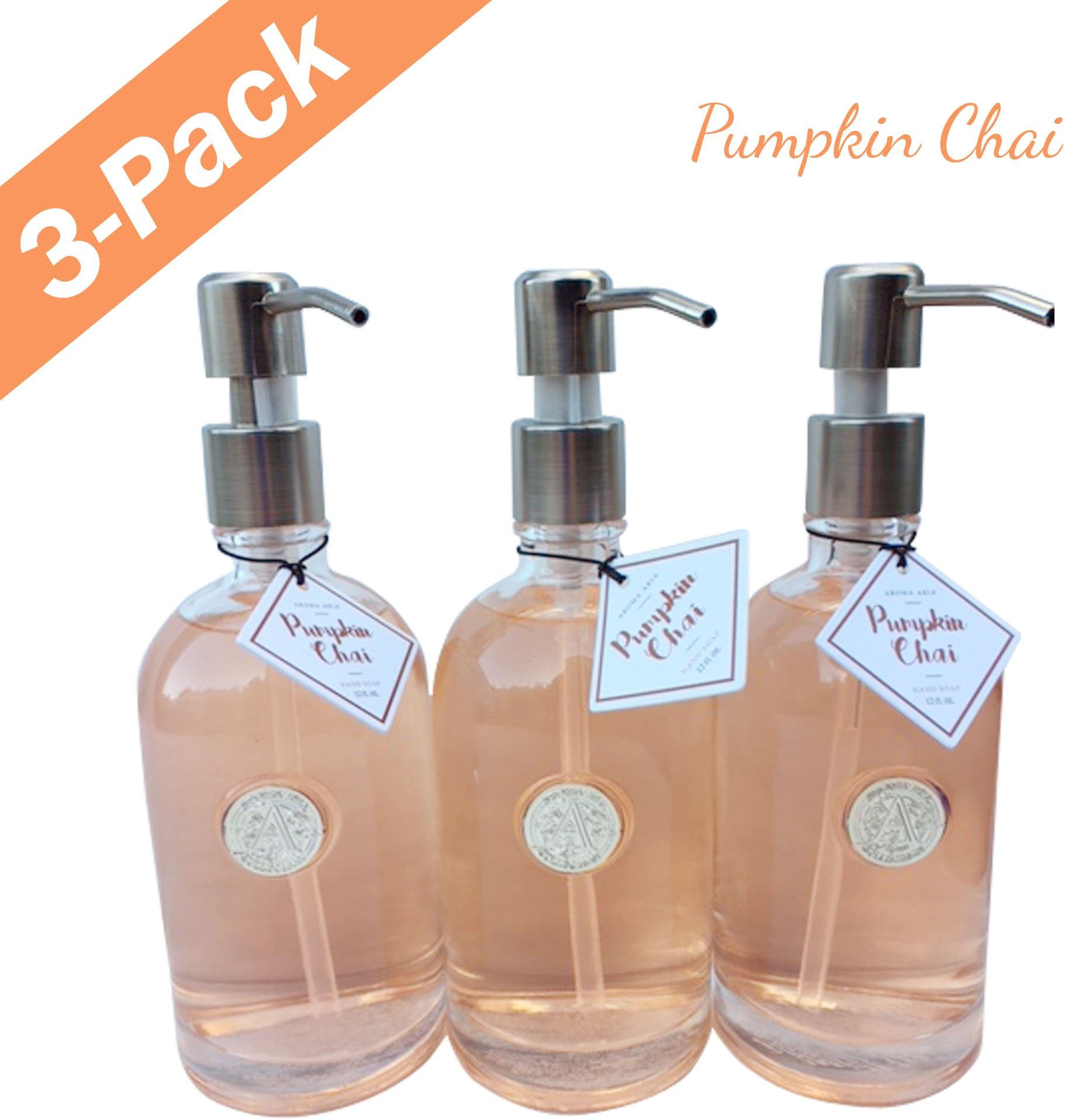 Hand Soap by Aroma Aria | Luxurious Decorative Refillable Glass Bottle with Titanium or Gold Pump | 12 fl.oz. (Pumpkin Chai)