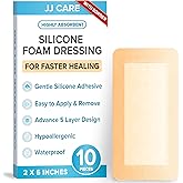JJ CARE Silicone Foam Dressing 2x5 [Pack of 10], Silicone Bandages for Wounds, Waterproof Wound Dressing with Adhesive Border, Absorbent Bed Sore Bandages for Wound Care