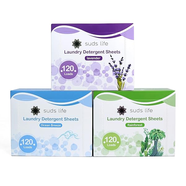 SUDS LIFE LAUNDRY DETERGENT SHEETS (60 SHEETS) OCEAN BREEZE, LAVENDER, RAINFOREST – PORTABLE, CONCENTRATED LAUNDRY DETERGENT (UP TO120 LOADS) (LAVENDER)
