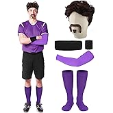VioraWhite 6 Pcs Halloween Purple Gym Team Costume Accessories Men Gym Leader Costume Accessories Set Wig Mustache Headband Wristbands with Socks for Adults Sports Cosplay Party