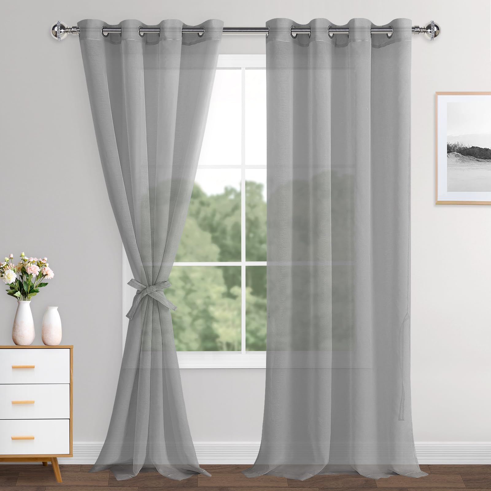 XWZO Linen Look Voile Curtains Gray,Grommet Top Semi Transparent Eyelet Sheer Drapes for Living Room,Kids Room,W55*L95,2 Panels