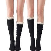 Syhood Knee High Lace Boot Socks for Women | Knee High Lace Trim Socks for Women, Cotton Ribbed Slouchy Style, Cozy Fabric, Matches Tall Boots, Fall Winter Outfits
