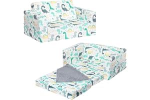 ALIMORDEN Fold Out Toddler Couch, Extra Wide Comfy 2-in-1 Cuddly Sherpa Sofa for Kids, with Removable Baby Friendly Blanket, Convertible Sofa to Bed, Dinosaur