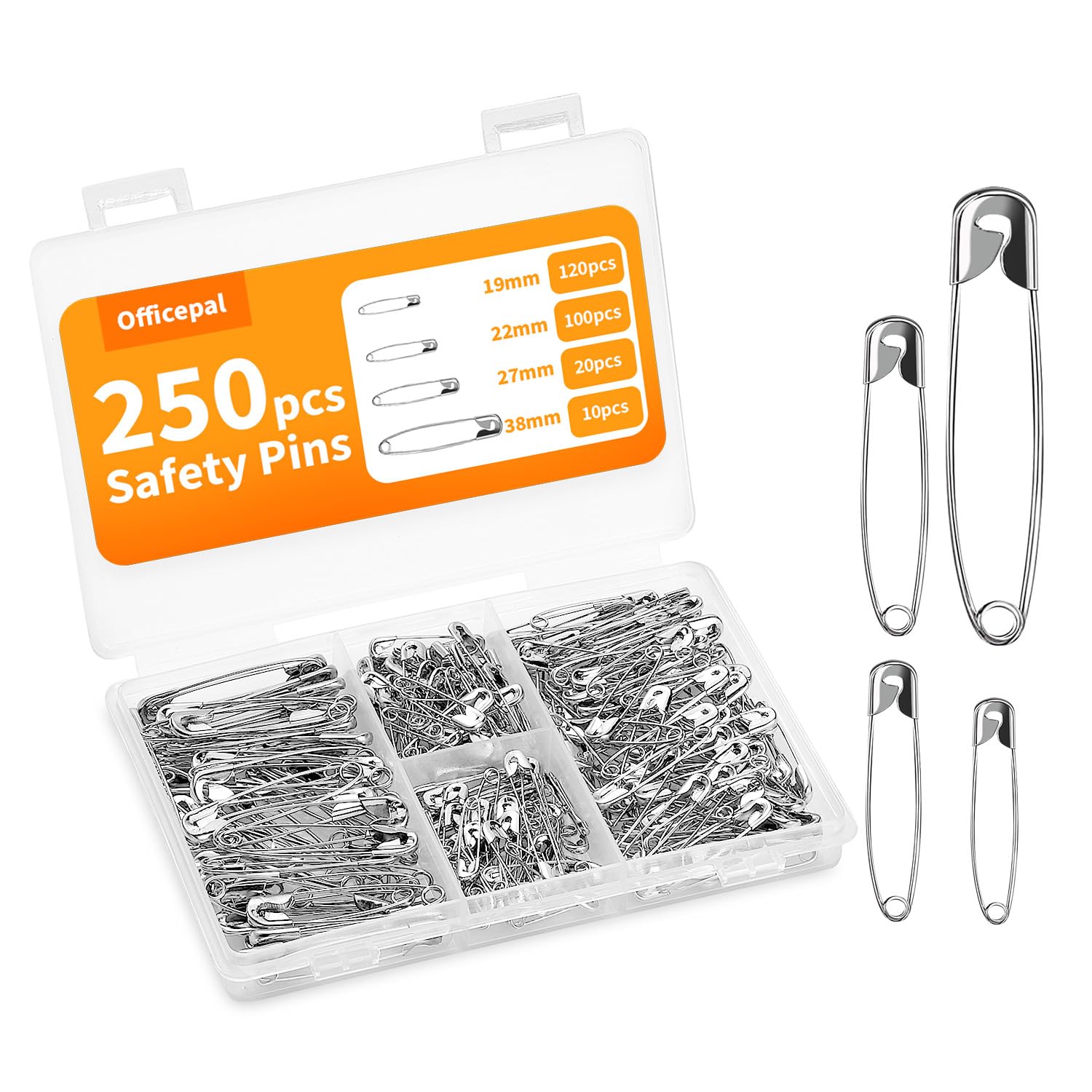 Officepal Premium Quality 4-Size Pack of Safety Pins- Top 250-Count – Durable, Rust-Resistant Nickel Plated Steel Set- Best Sewing Accessories Kit for Baby Clothing, Crafts, Arts (4-Size S)