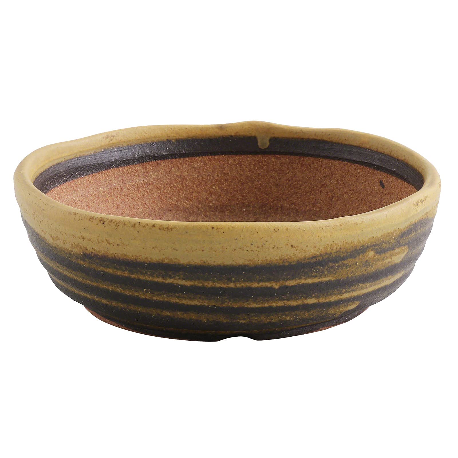 Wazakura Shigaraki Series Stripe Glazed Ceramic Bonsai Pot with Drainage MADE IN JAPAN Handmade Garden Training Container, Japanese Flower Planter, Succulent Bowl (Yellow Sand, 21cm)