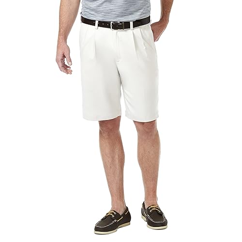Haggar Men's Cool 18 Pro Straight Fit Pleated Front 4-Way Stretch Expandable Waist Golf Performance Short, White, 34