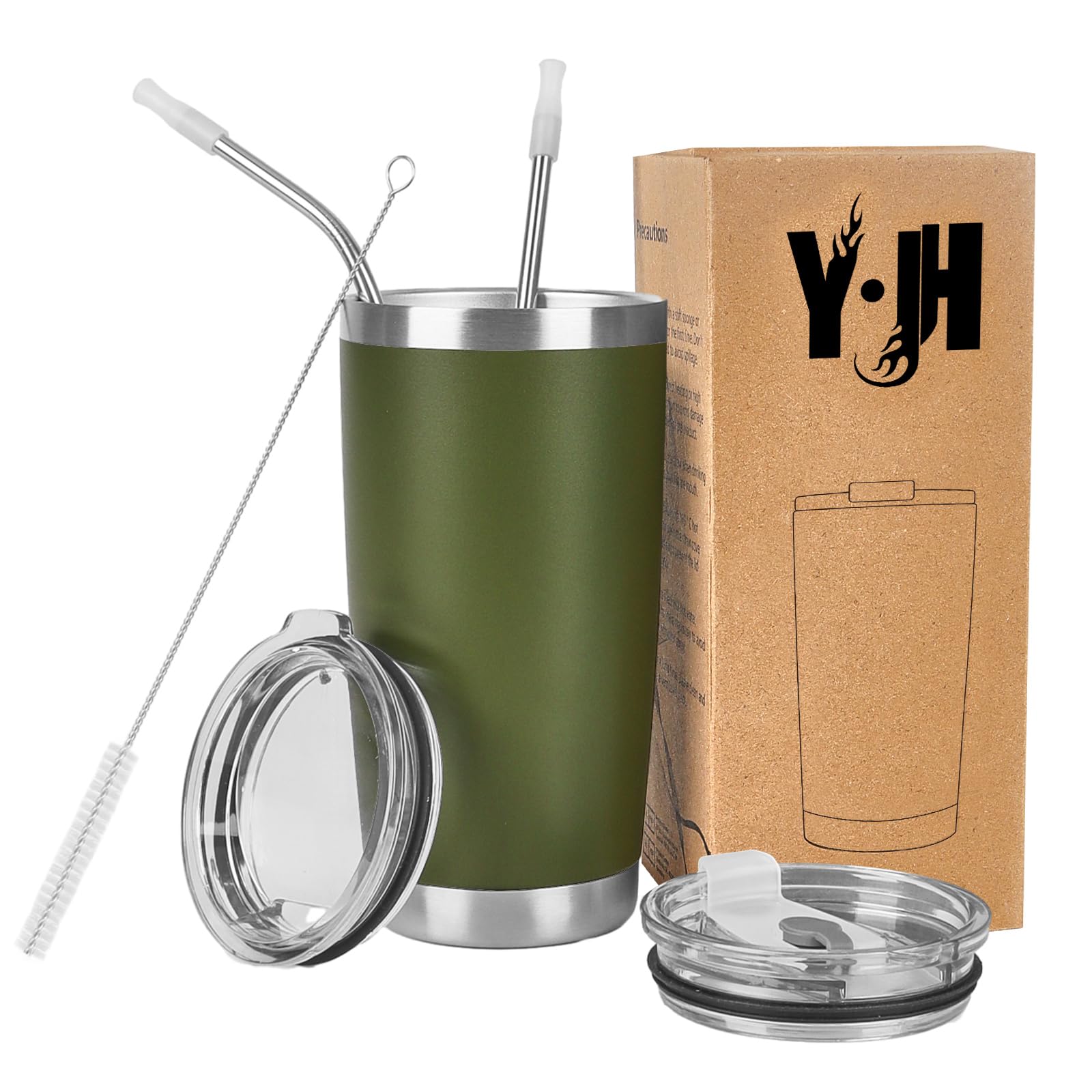 Y·J&H 20oz (550ml) Travel Tumbler Double Wall Vacuum Insulated Coffee Mug Stainless Steel Coffee Cup with 2 Splash Proof Lid, 2 Straws & Free Cleaning Brush, BPA Free - Army Green