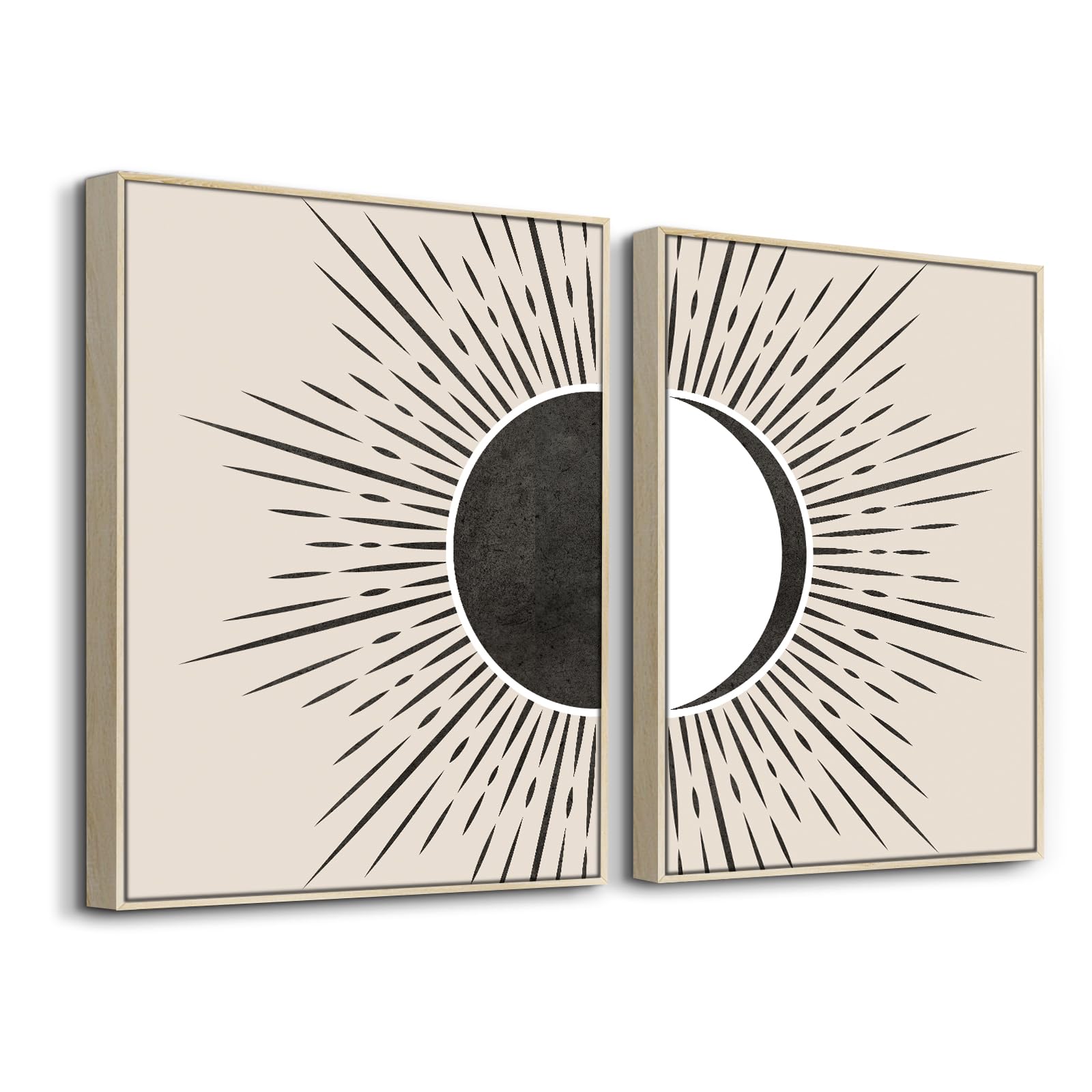 hyidecorart Wooden Framed Boho Canvas Wall Art for Living Room, Sun and Moon Abstract Black Lines Beige Geometry Nordic Minimalist Modern Artwork Pictures Bedroom Kitchen Dining Room Office Bathroom — image 1