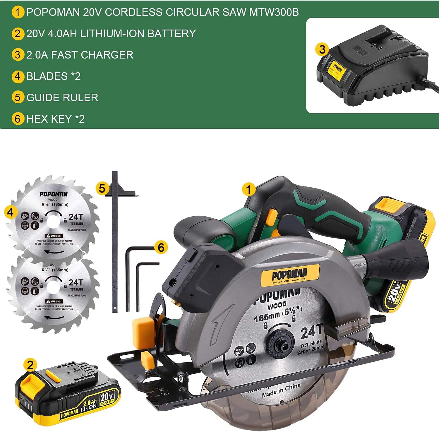 POPOMAN Cordless Circular Saw, 4300 RPM, 20V 4.0Ah Battery, Fast Charger, 2 x Blade(6-1/2"), Adjustable Cutting Depth 2-1/16"(90°), 1-3/8"(45°), Laser & Base Plate Adjustable - MTW300B - - 