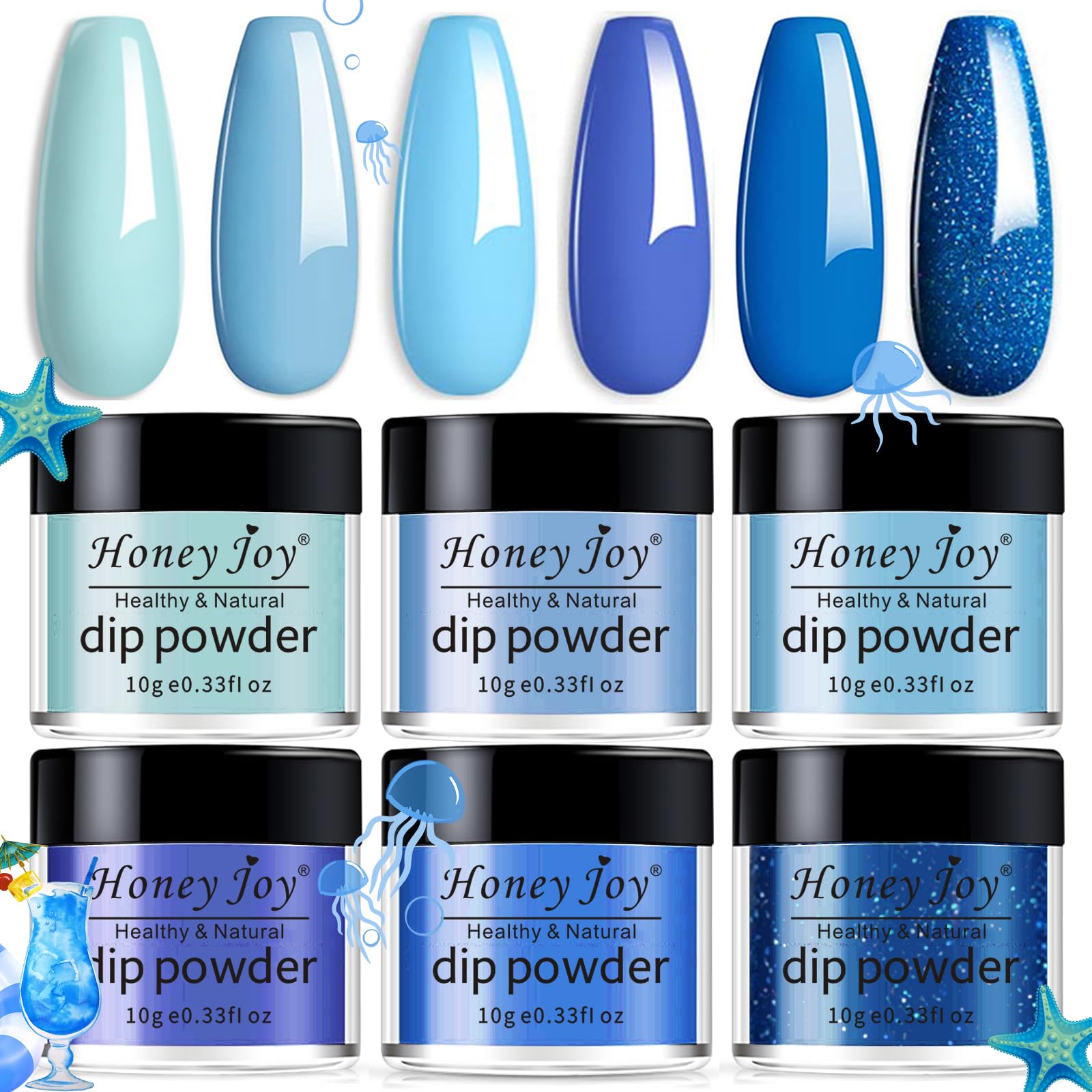 Honey Joy 6 BOX/SET Blue Series Dip Nails Powder Kit Light Blue Dark Blue Fine Dipping Powder Colors No Need Lamp Cure,Like Gel Polish Effect,Even & Smooth Finishing (DP-F-6pcs-10g/box)