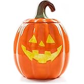 100 North Dolomite Ceramic 10.5 x 7.9 Halloween Cookie &amp; Candy Jar with Airtight Lid: Perfect for Kitchen Canisters, Pet Treat Containers &amp; Fall Decorative Candy Dish, Pumpkin Jack-O-Lantern