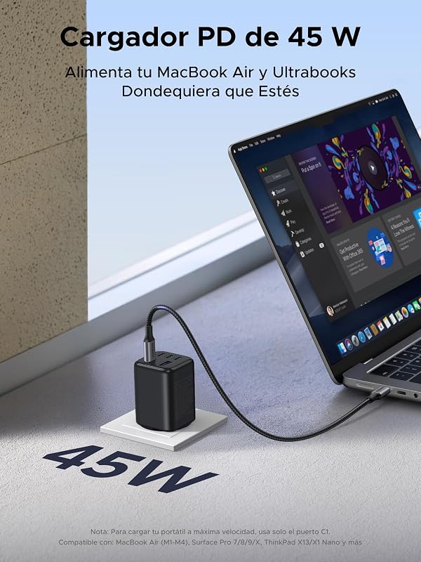 45W Cargador USB C Carga Rapida PPS 5 Puertos GAN Enchufe de Pared