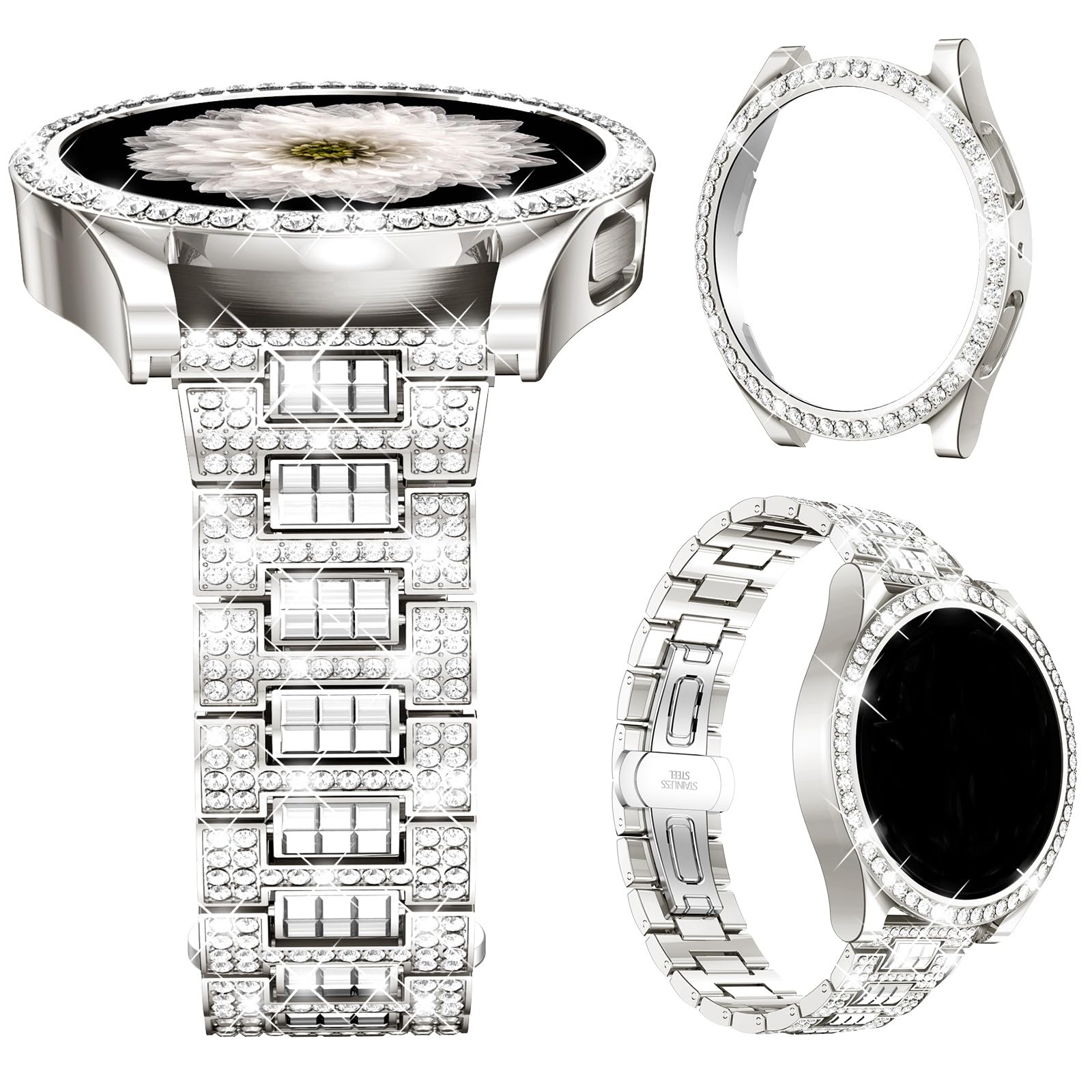 Mosonio Compatible with Samsung Galaxy Watch 5 Band 40mm / Galaxy Watch 4 Band 40mm with Protective Cover Case, 20mm Sparking Luxury Diamond Metal Bands, Charming Strap for Women（Starlight,40 mm）