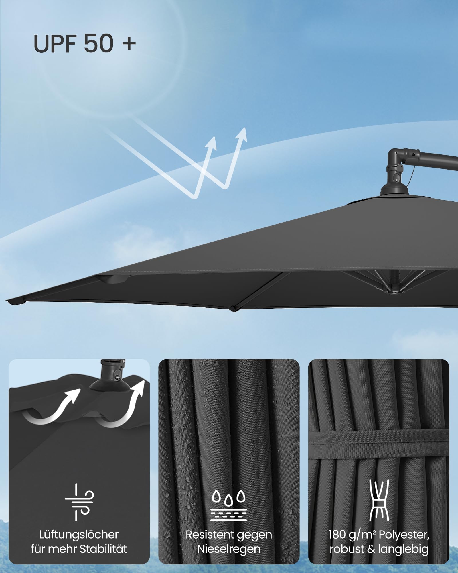 SONGMICS Sonnenschirm, Ampelschirm 300 cm d, mit Ständer, Sonnenschutz Balkon, Balkonschirm, UV-Schutz UPF 50+, mit Kurbel zum Öffnen und Schließen, Terrasse, Garten, grau GPU116G01 3