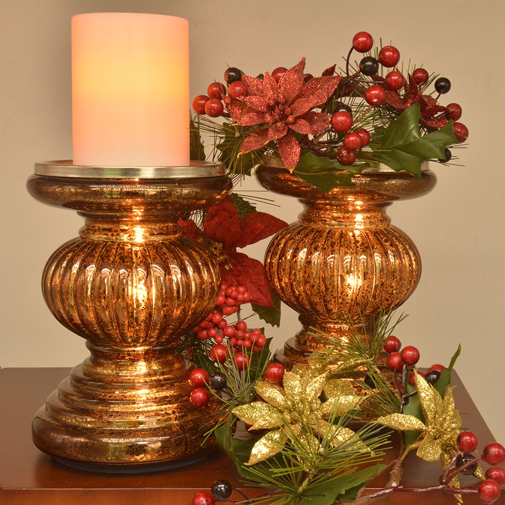 Dolucky Set/2 Lit Candle Holder Pedestal with Timer, Ribbed Mercury Glass Candle Holder with LED inside for Home Decoration - Chocolate