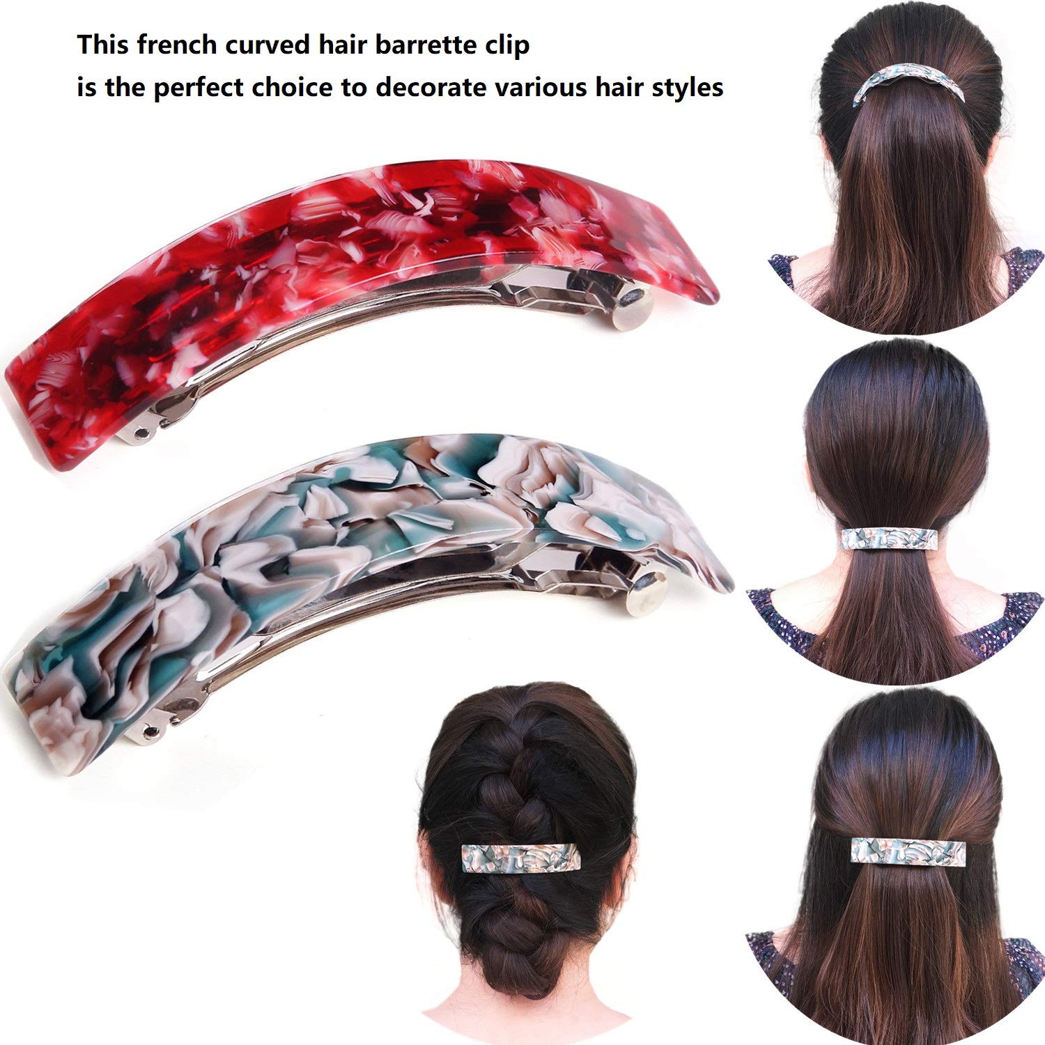 Cellulose Acetate French Style Curved Rectangle Volume Hair Clips Barrettes Automatic Clasp For Thick Hair, 2 Pack : Beauty