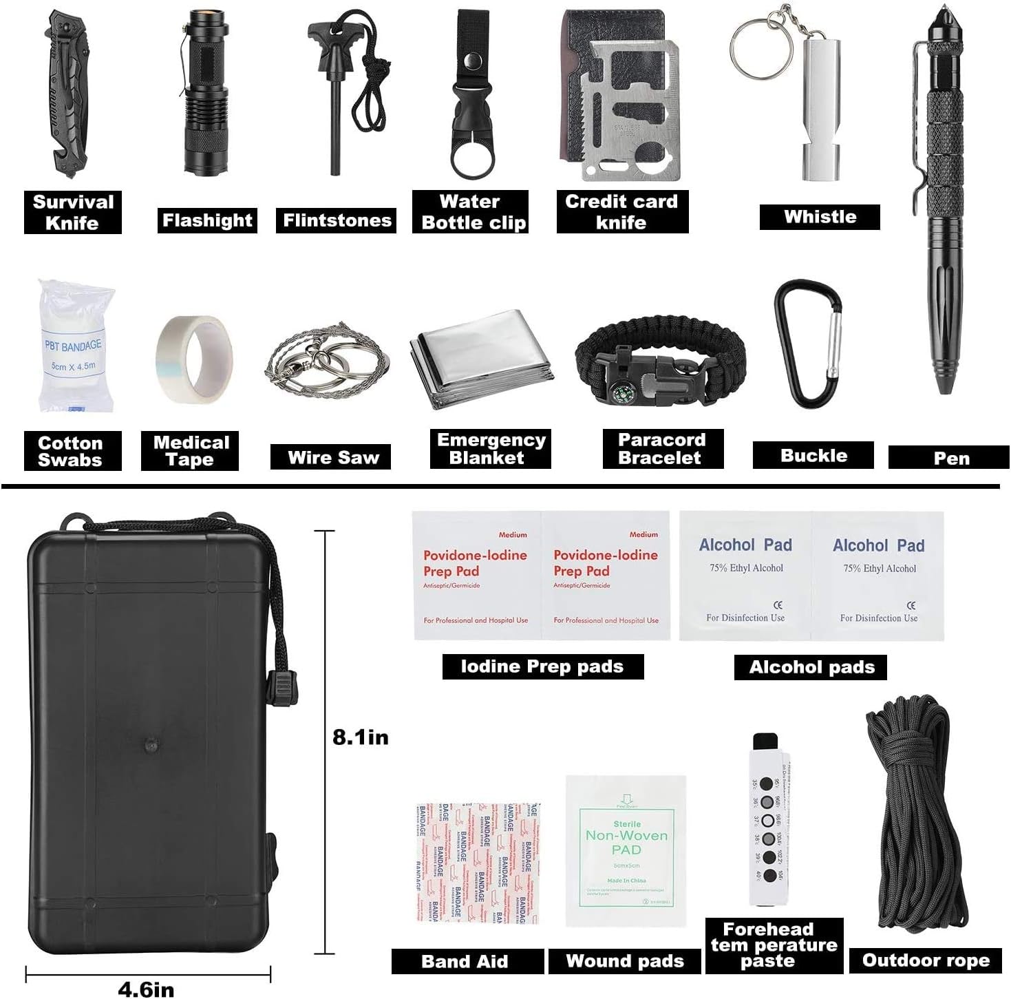 ProCase Survival Kit (40 in 1) for Camping Hiking, Outdoor Gear Tool and Equipment with Survival Bracelet, Fire Starter, Compass, Medical Supplies, Gifts for Men Dad Boyfriend Fathers Day -Black: Sports & Outdoors