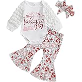 Karuedoo Newborn Baby Girl Valentines Outfit Letter Print Puff Sleeve Romper Heart Bell Bottom Pants Headband 3Pcs Set