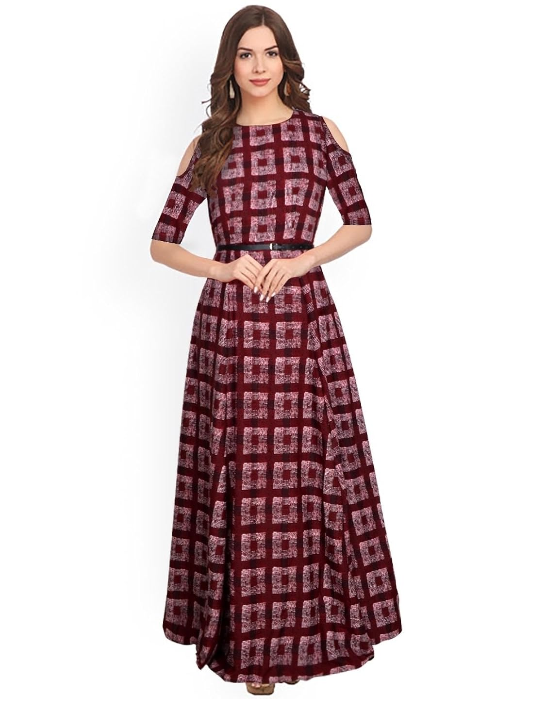 sj trendz women's maroon american crepe printed latest 2018 party wear gown dress