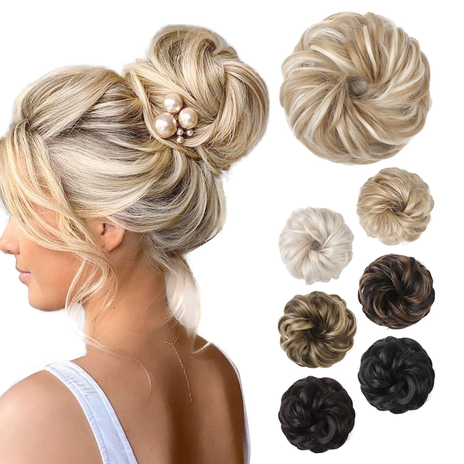 REECHO Messy Bun Hair Piece - Thick Tousled Updo Elastic Hair Bun with Highlights