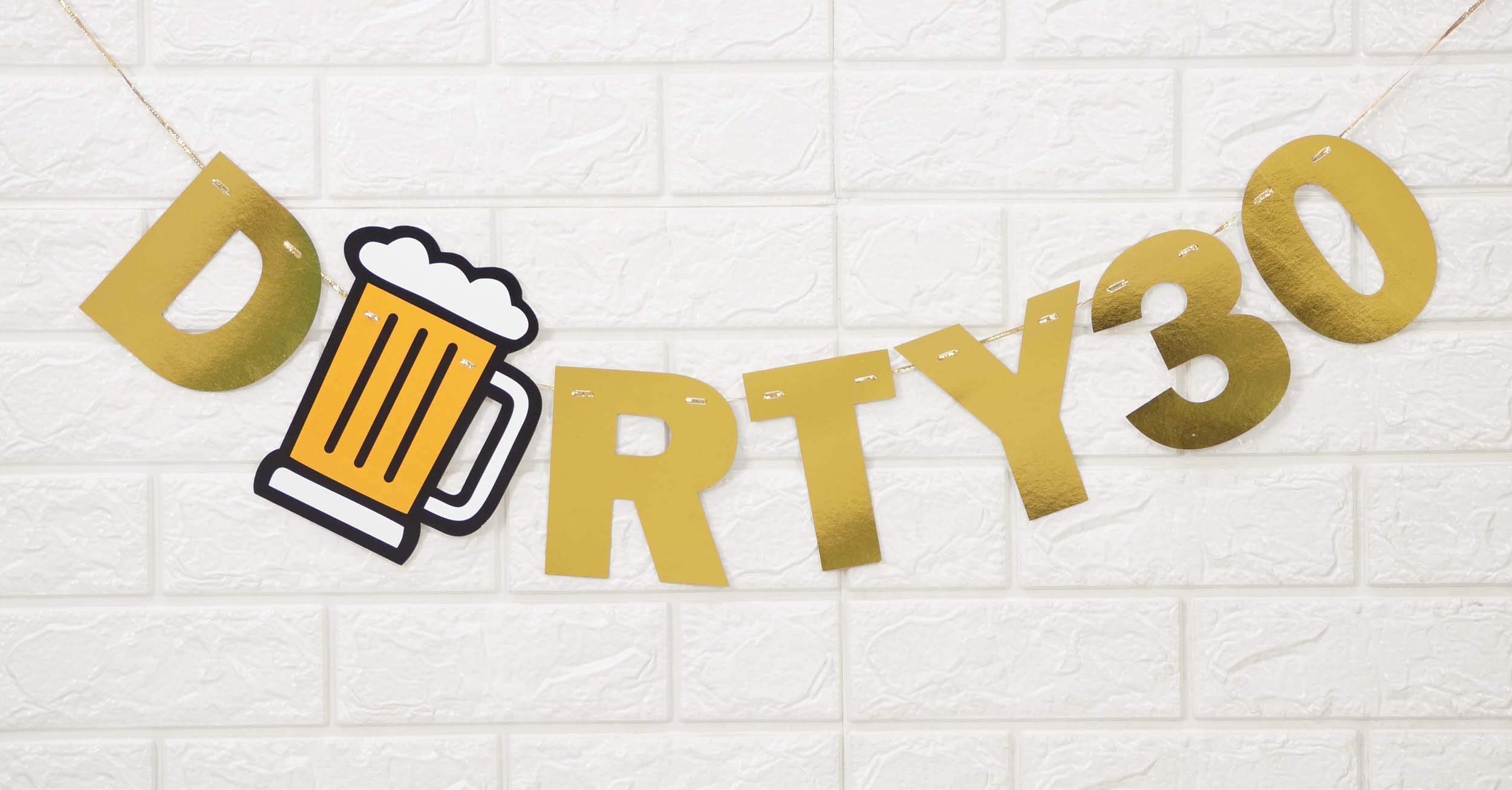 Inkdotpot Pre-Assembled Bunting Flags Dirty 30 Metallic Gold Bunting Wall Decor Birthday Banner DIY Party Supplies