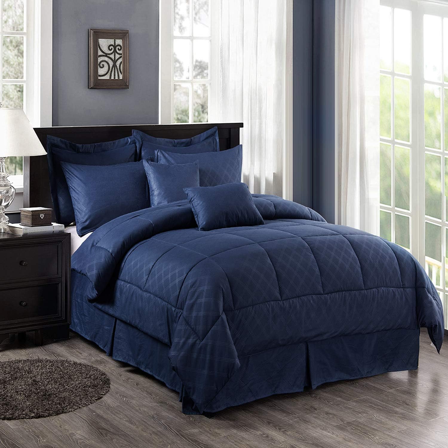 JML Comforter Set, 10 Piece Microfiber Bedding Comforter Sets with Shams - Luxury Solid Color Quilted Embroidered Pattern, Perfect for Any Bed Room or Guest Room (Navy, Cal King): Kitchen & Dining