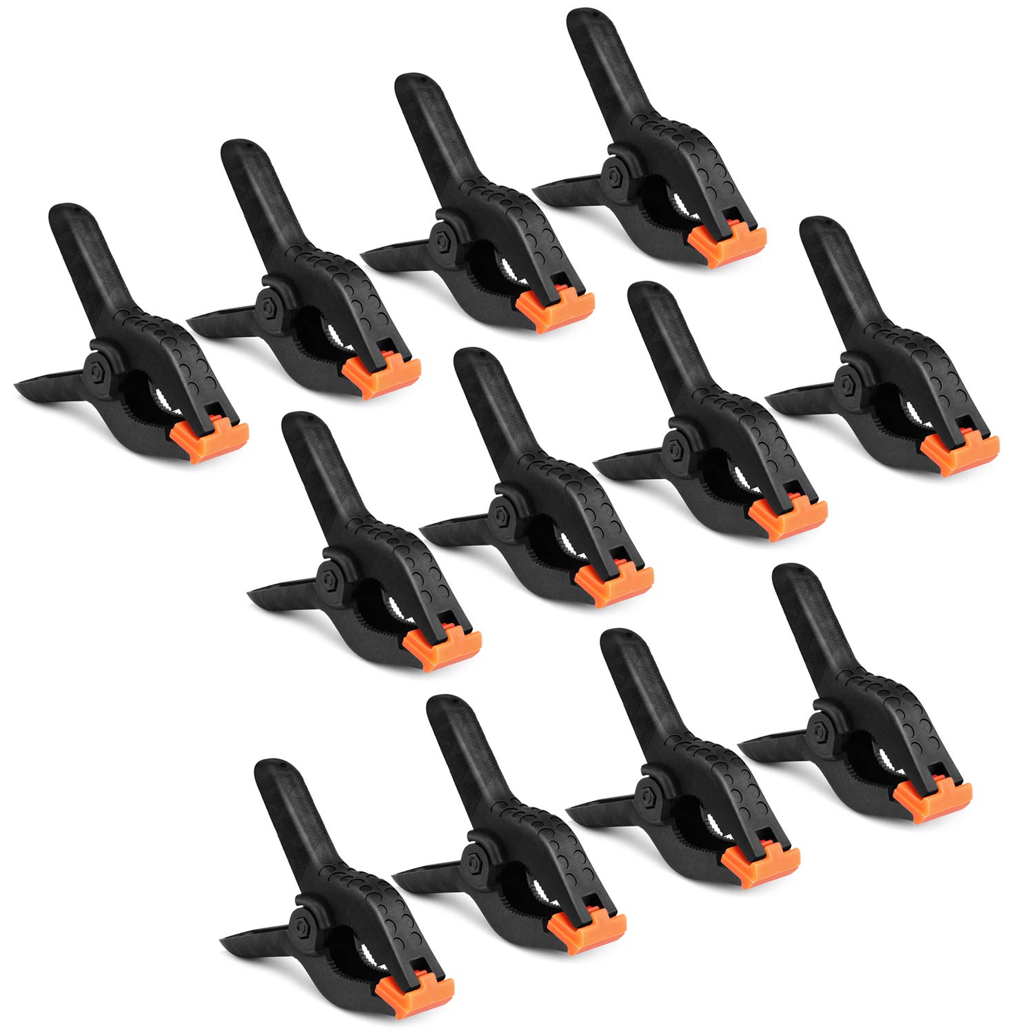 Flexzion Muslin Heavy Duty Spring Clamps w/Movable Adjustable Teeth - 4 inch (Set of 12) Premium Nylon Clips Grip for Woodwork/Artwork/Backdrop/Photography Studio/Home Improvement Project, Black