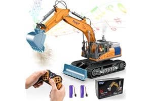 FUUY Remote Control Excavator Toy for Boys 5-7, 15-Channel RC Excavator 2 in 1 RC Bulldozer Toy with Excavator, RC Tractor Toys for Age 3+ with Metal Shovel, Lights, Sounds Birthday Gifts
