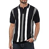 Ryehack Mens Casual Polo Shirts Knit Short Sleeve Vintage Striped Button T-Shirt Slim Fit Golf Vacation Shirt