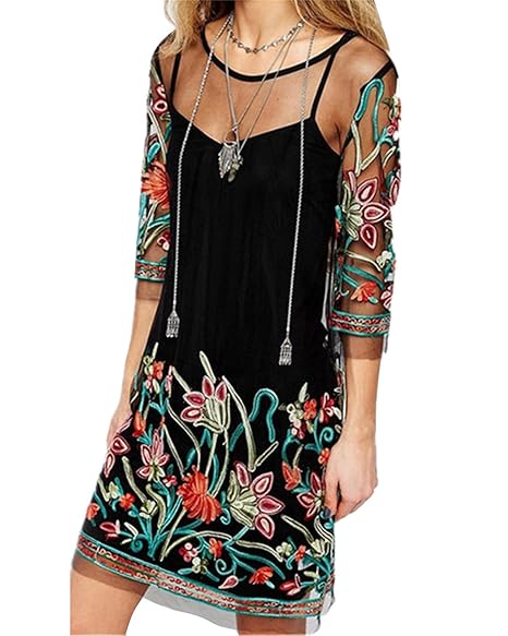 Vestidos elegante bordado con manga 3/4 y cuello redondo Slim-Fit.