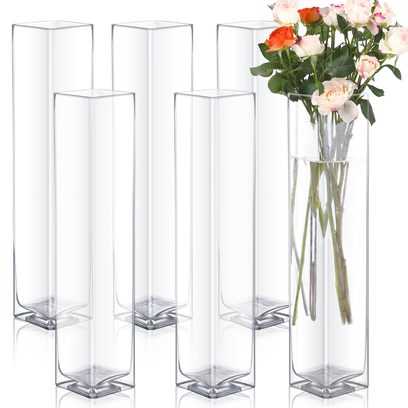Photo 1 of Maxcheck 6 Pcs Tall Square Vases for Centerpieces 12 x 3 x 3 Inch Bud Flowers Glass Vase for Wedding Party Home Office Table Decor