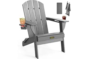 CARAUCI Folding Adirondack Chair, Wooden Textured Plastic Adirondack Chairs with 2 Cup Holder, Weather Resistant HDPE Fire Pit Chair, Outdoor Patio Chairs for Garden, Backyard, Lawn, Deck, 380LBS, Grey