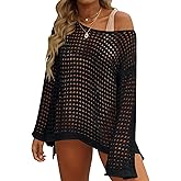 ZESICA Women's 2026 Summer Crochet Hollow Out Long Sleeve Beach Bikini Swimsuit Mesh Cover Up Tunic Top