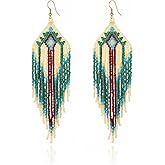 ALRNBY Long Beaded Earrings for Women Native American Jewelry Statement Tassel Dangling Earrings Boho Colorful Bead Gifts