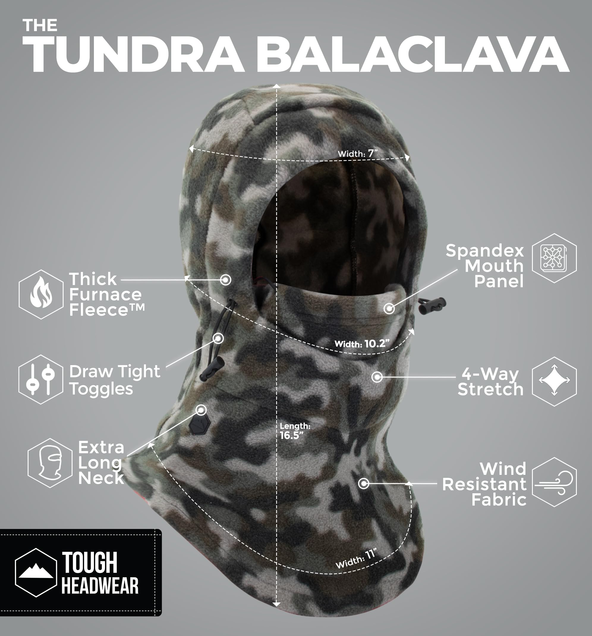 Tough Headwear Fleece Balaclava Ski Mask - Windproof Face Covering - Ski Mask for Cold Weather Gear - Winter Accessories