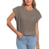 Famulily Womens Crewneck Cap Sleeve with Grommet Detail Tunic Tops Casual Loose Fitting Solid Basic Tee Shirt