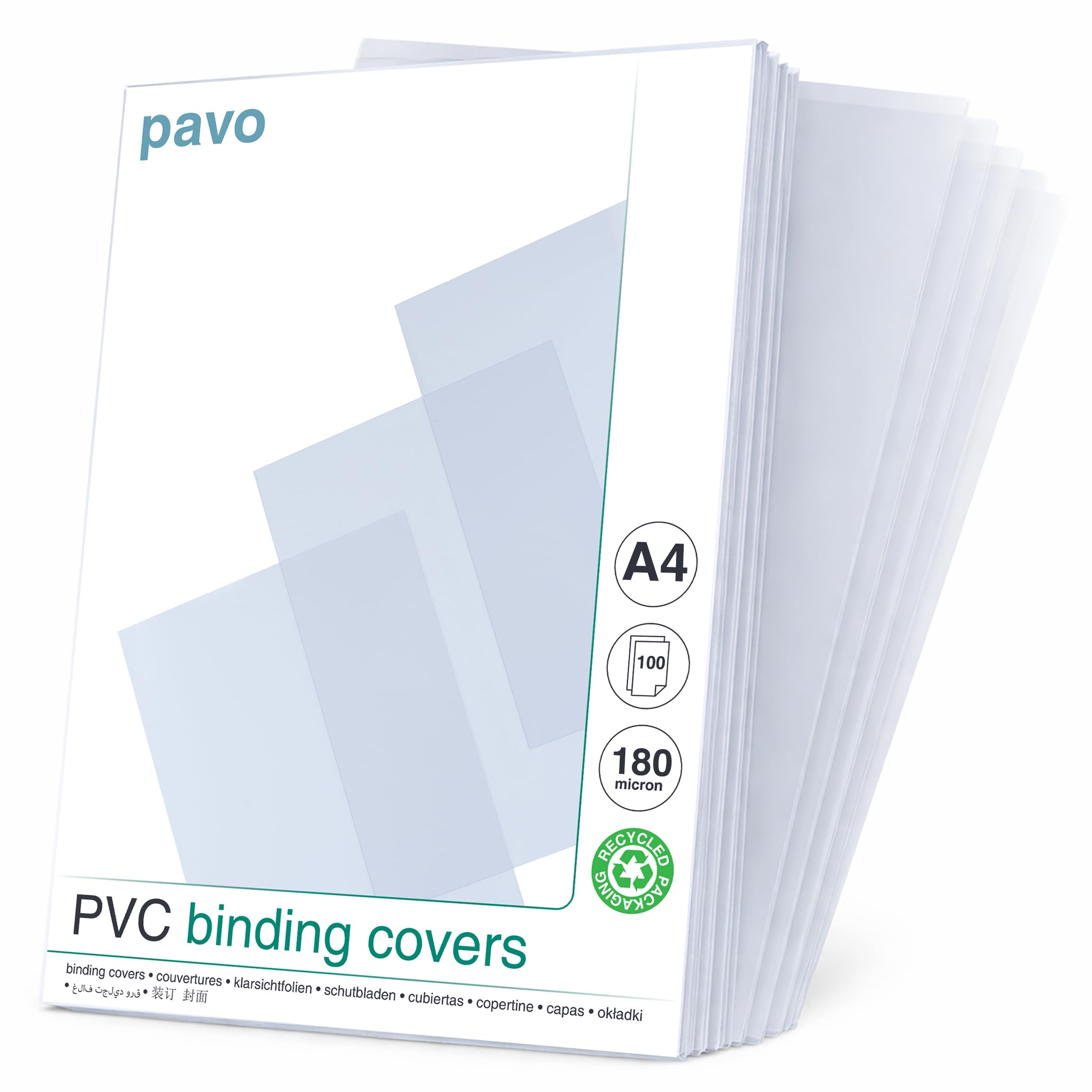 Pavo - A4 180 Micron PVC Glass Transparent Cover - Clear (Pack of 100)