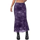 Avanova Women Boho Floral Mesh Long Skirts Elastic High Waisted Mermaid Hem 90s Grunge Maxi Skirt Purple X-Large