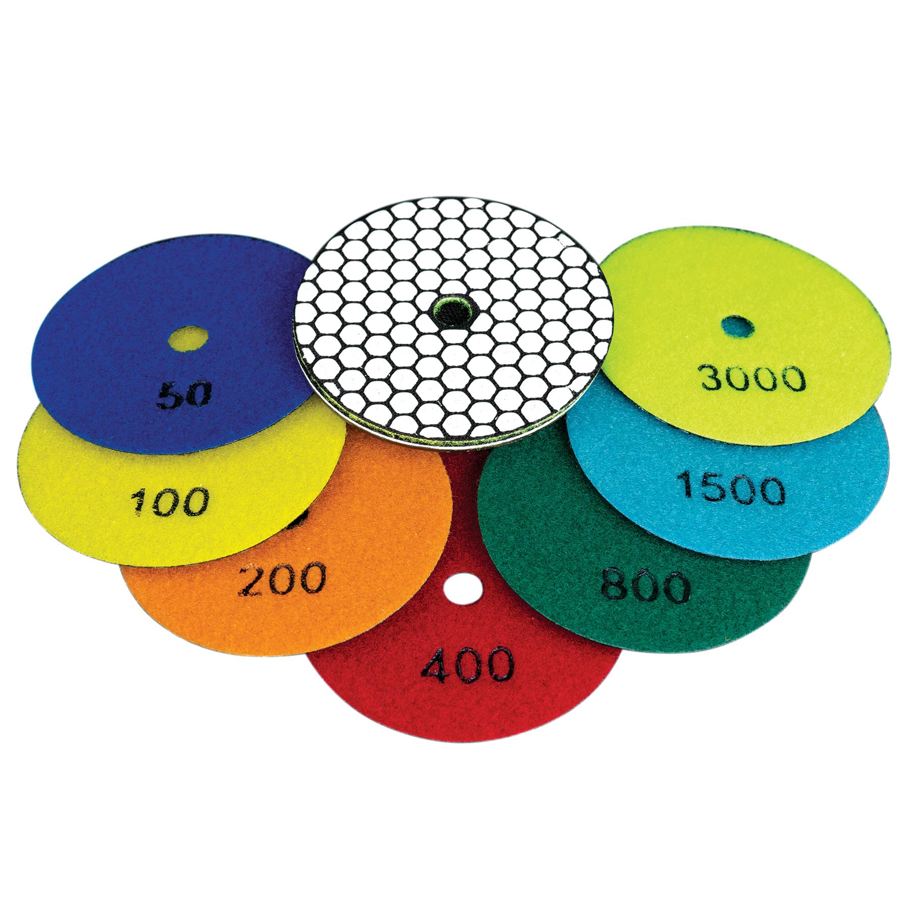Mexco Diamond Dry Polishing Disc Kit, 4in (100mm) - 7 pcs with M14 Fit Hook & Loop Backing Pad for Angle Grinder, High Performance Sanding Pads for Marble, Granite & Natural Stone – 50-3000 Grit