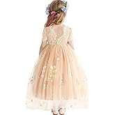 DeeFant Flower Girl Lace Back V-Neck Dress Full-Length Floral Embroidered Toddler Tutu Tulle Dresses for Girls