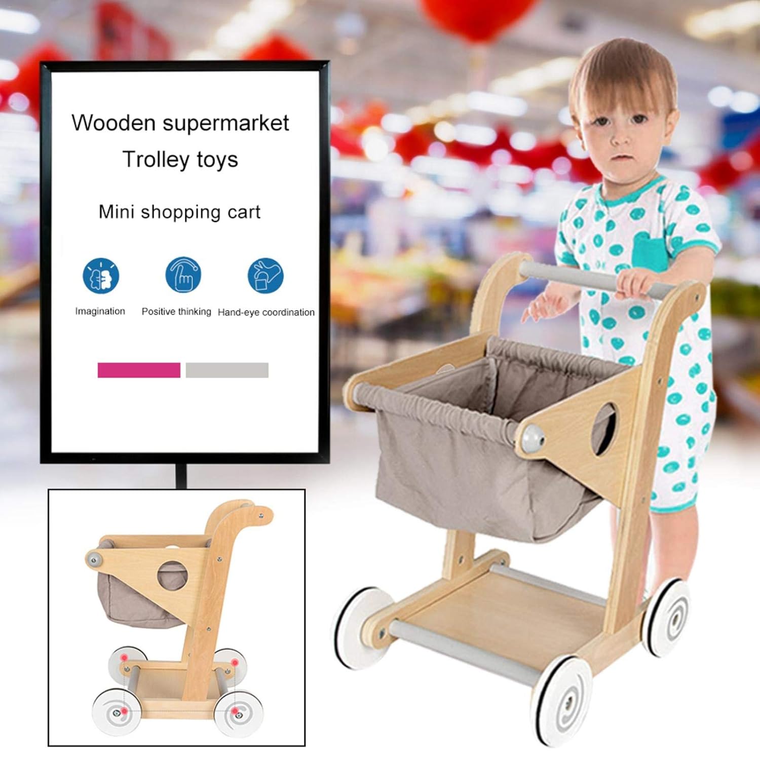 wooden toy shopping cart